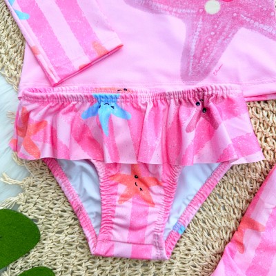 Linha Praia 3 Peças - Blusa Manga Longa Estrela do Mar, Short e Calcinha com Proteção UV50+ - Rosa